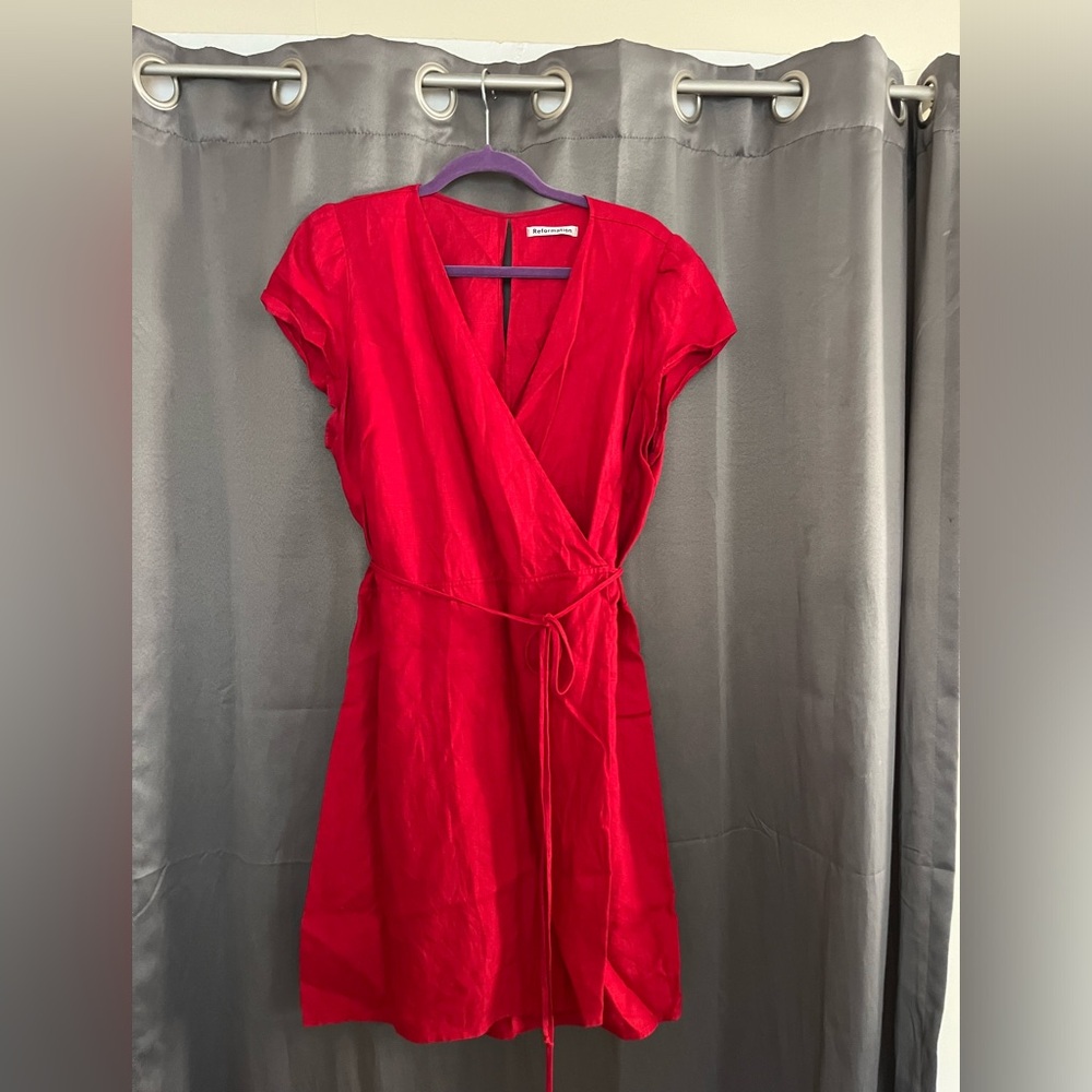 Reformation red linen wrap mini dress